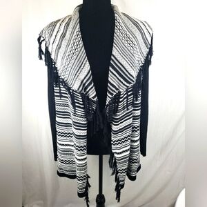 Peck & Peck Collection Black and White Fringed Collared Open Front Cardigan Sz L